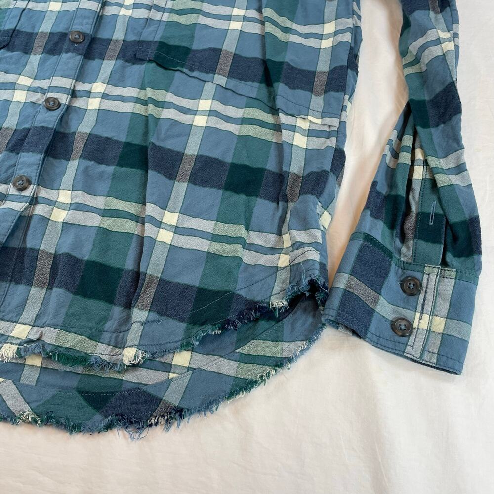 Free People Blue Plaid Raw Hem Oversized Flannel Button Down Top Large Women - Picture 4 of 7